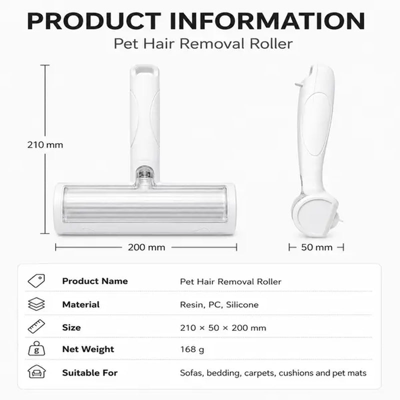 White Pet Hair Removal Roller – 20 Cm Wide Reusable Lint & Fur Cleaner for Sofas, Carpets, Bedding.