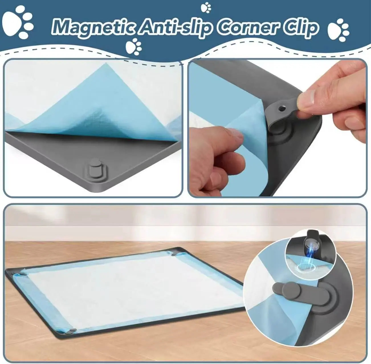 Pee Pad Holder for Dogs, Non-Slip Silicone Puppy Potty Training Tray with 4 Magnetic Clips & Leak-Proof Raised Edge