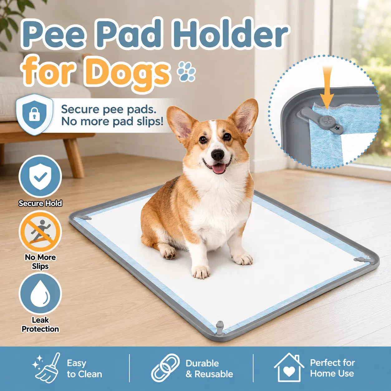 Pee Pad Holder for Dogs, Non-Slip Silicone Puppy Potty Training Tray with 4 Magnetic Clips & Leak-Proof Raised Edge